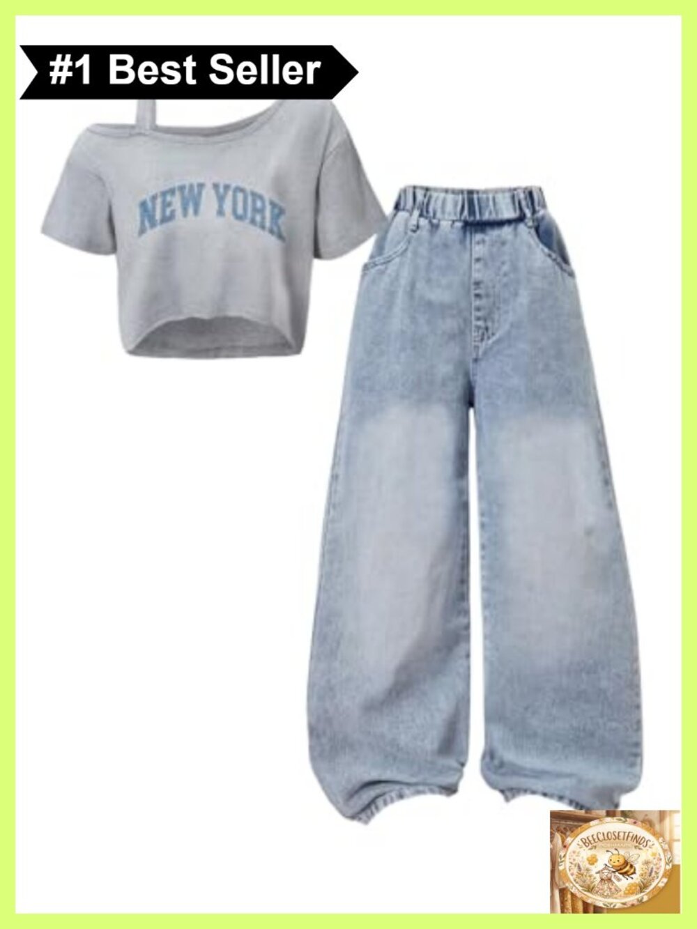 Girls Y2K 2 Piece Letter Print Top Wide Leg Denim Pants Set